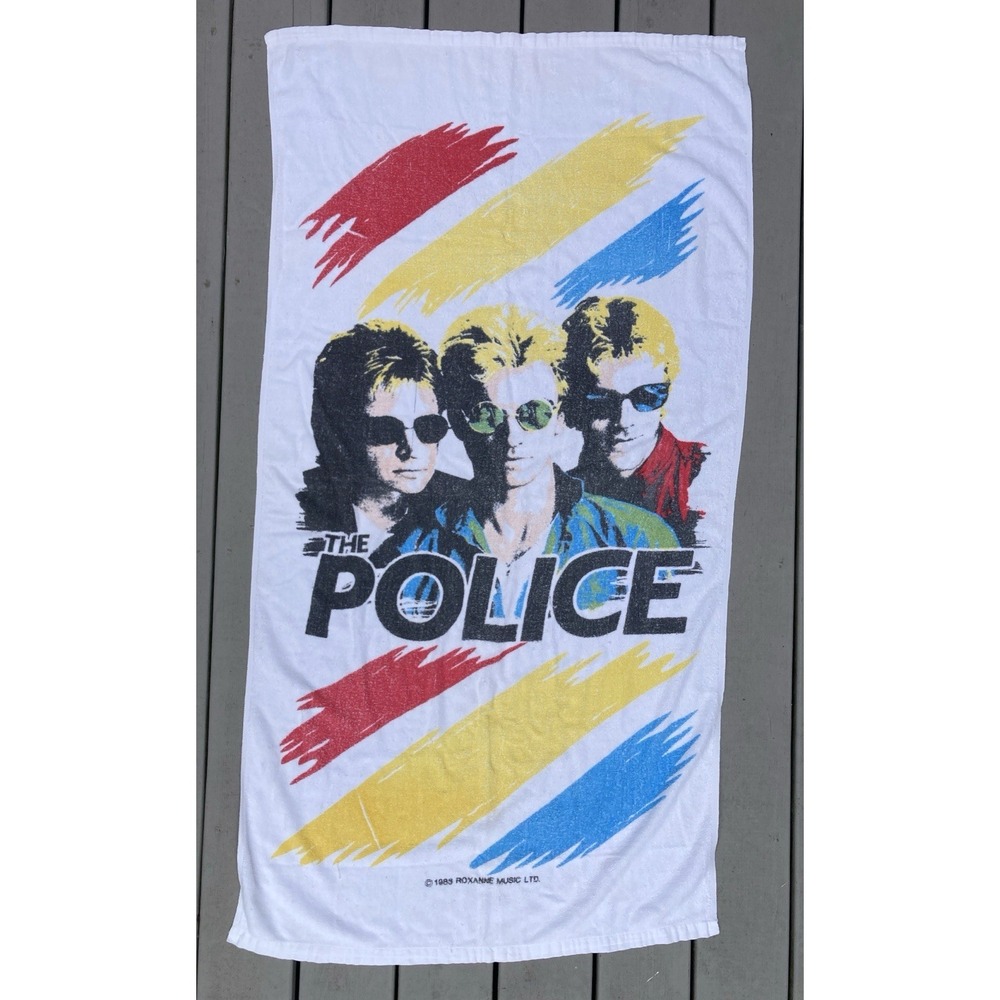 Vintage cotton printed beach towel The Police Synchronicity 1980s R A Briggs